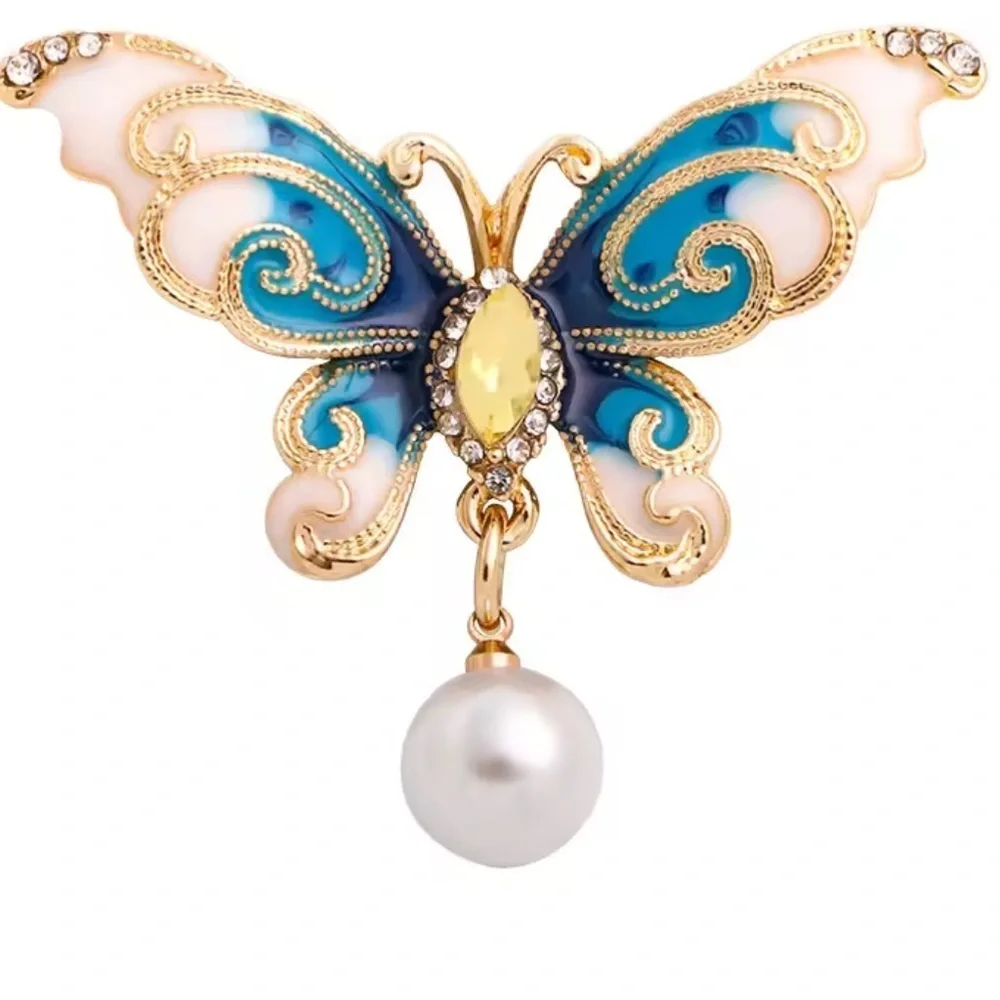 Unique vintage anthro blue and Gold Butterfly Brooch